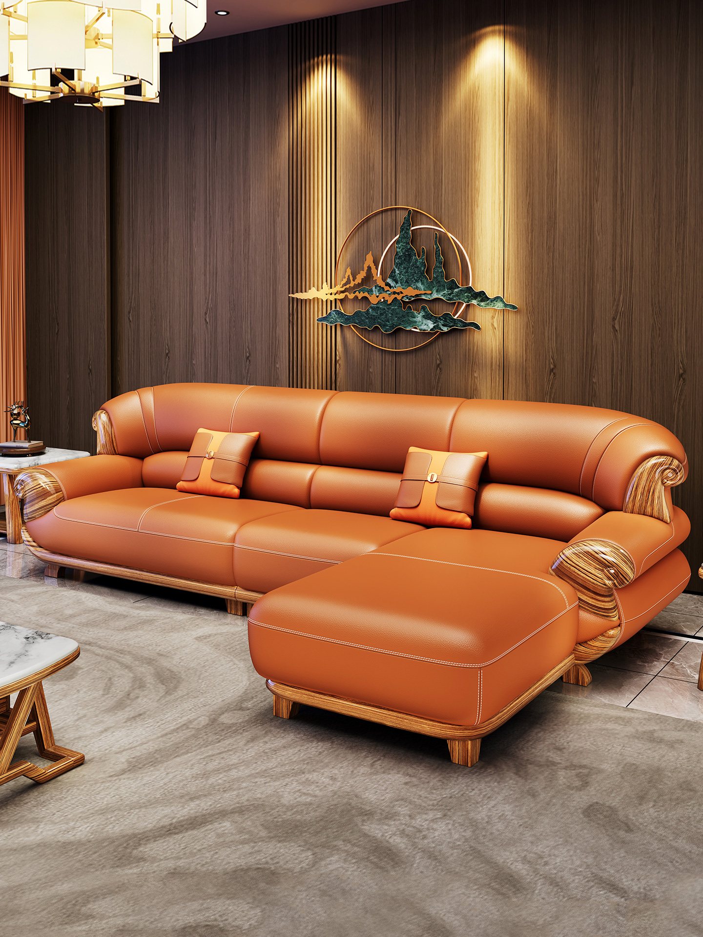 现代新中式乌金木真皮沙发组合头层牛皮中小户型客厅转角贵妃沙发