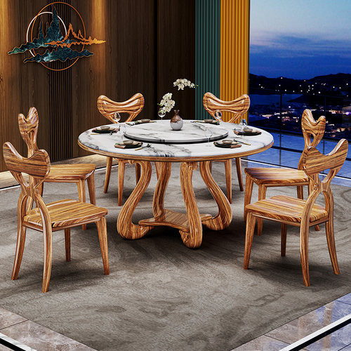 欧式乌金木大理石餐桌椅组合新中式别墅大户型圆餐桌高端大气饭桌