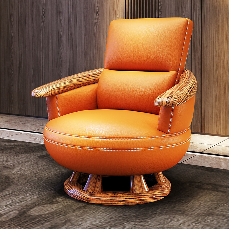 现代新中式旋转休闲椅大斑马乌金木厚皮单椅创意设计师单人沙发椅