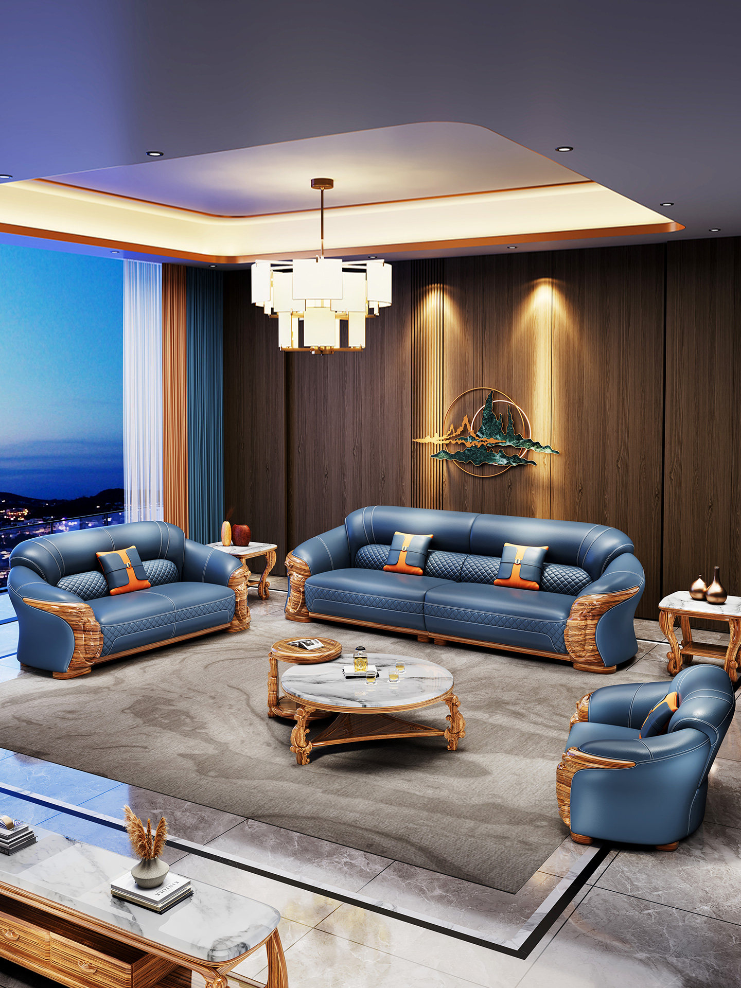 欧式别墅乌金木真皮沙发现代新中式客厅大户型实木头层牛皮组合