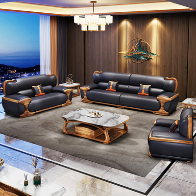 新中式乌金木头层牛皮沙发现代实木客厅大坪数奢华别墅真皮组合