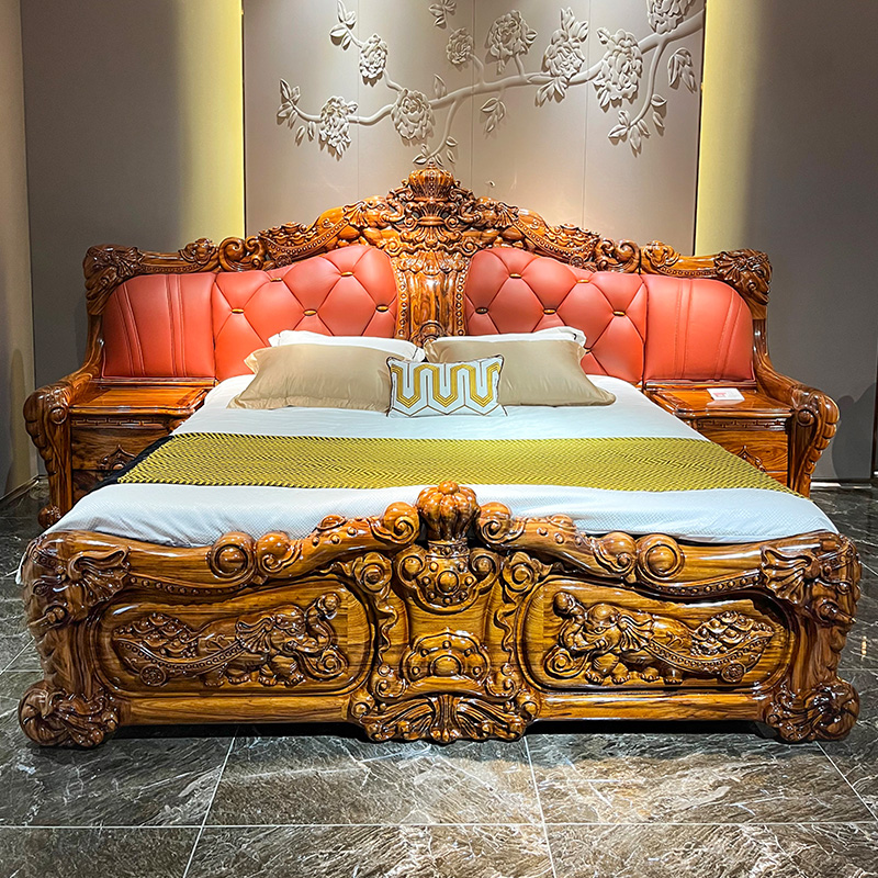 欧式乌金木真皮床奢华实木雕花头层牛皮双人床高端别墅主卧大床