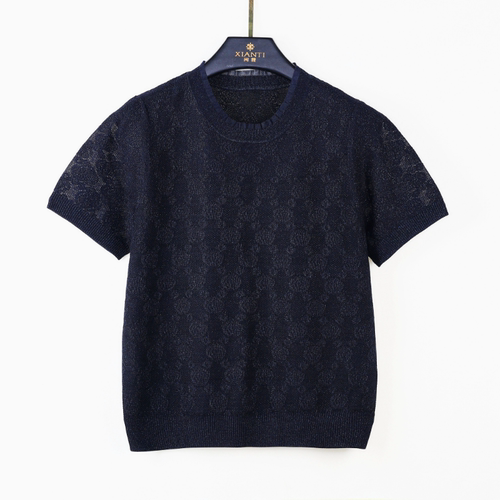 夏季新款时尚百搭气质上档次女装圆领镂空提花短袖上衣XT-2502086