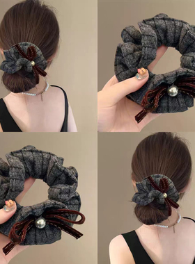 复古毛绒针织灰色蝴蝶结大肠发圈女双层慵懒风扎发头绳高弹力皮筋