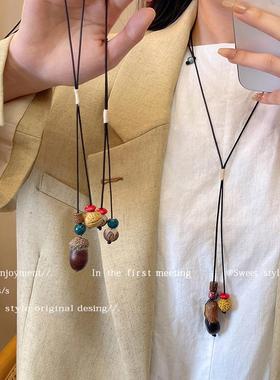 新中式长款松子编织项链女民族风复古小众设计感毛衣链配饰锁骨链