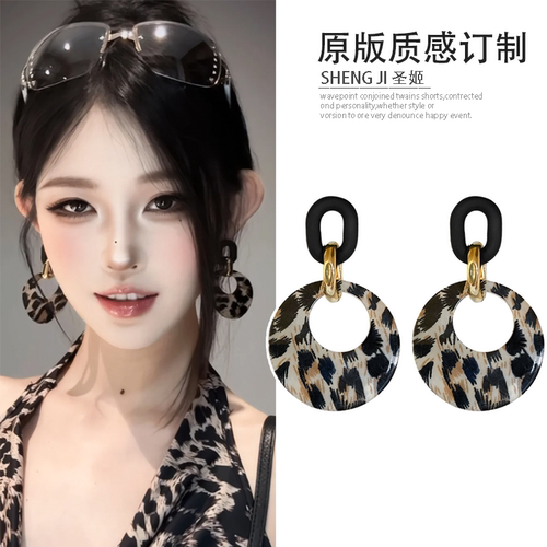 欧美复古豹纹圆形耳钉女小众