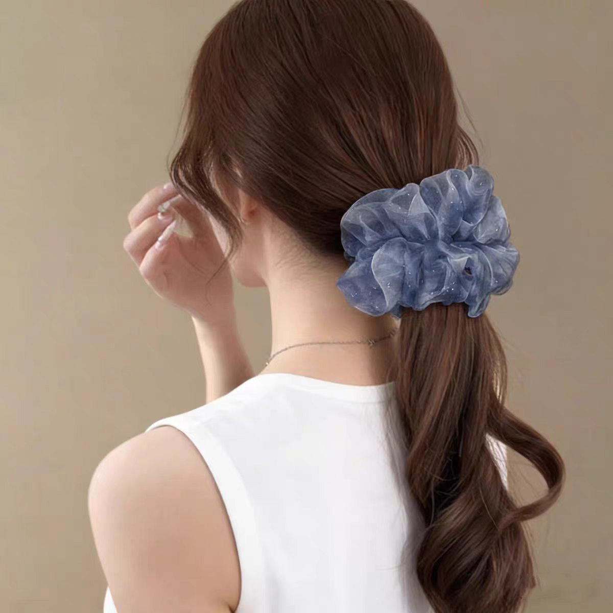 灰蓝色晕染大肠发圈女超大欧根纱