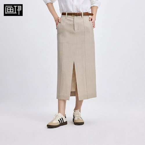 画伊2026秋季新品雨露麻前开叉直筒显瘦包臀中长款半身裙6CQZ5015