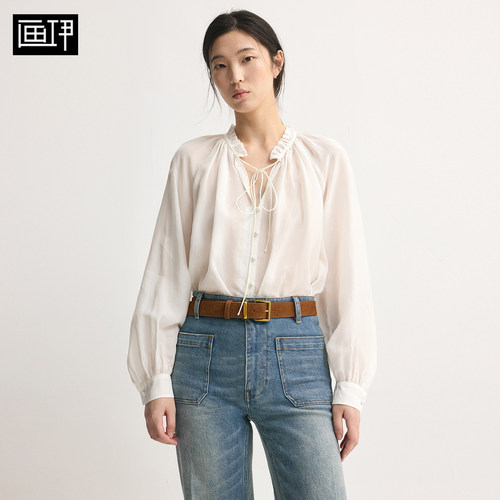 画伊2026秋季新品长袖法式白色衬衫女莱赛尔花边衬衣6ACS5056