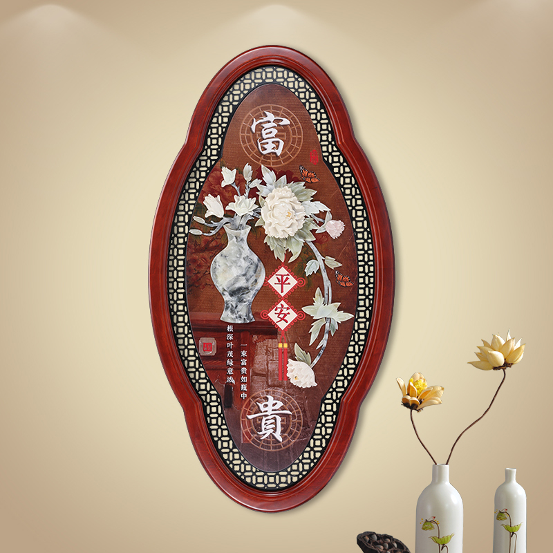 现代中式实木玄关背景墙装饰画玉石立体雕刻挂画走廊过道壁画挂件图片