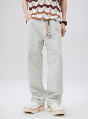 PKL白色牛仔裤男春季2025新款美式高街宽松直筒男士休闲长裤子