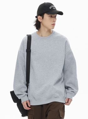 PKL纯色405g重磅灰色加绒圆领卫衣情侣厚款美式宽松套头上衣