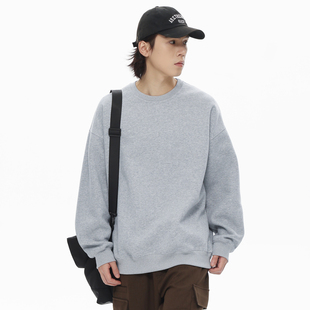 PKL纯色405g重磅灰色加绒圆领卫衣情侣厚款 宽松套头上衣 美式