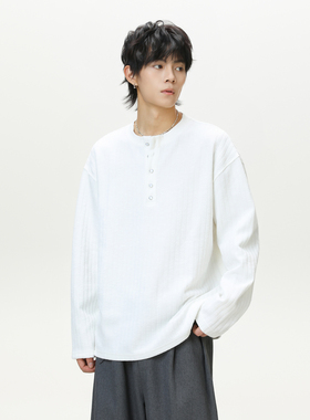 PKL 老钱风亨利领长袖T恤男秋冬季高街痞帅肌理感卫衣宽松打底衫