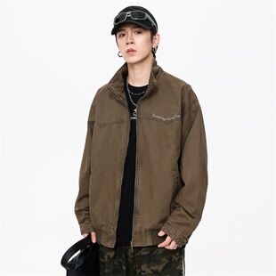 秋冬重磅300g纯棉立领宽松复古水洗字母刺绣工装夹克美式潮牌上衣