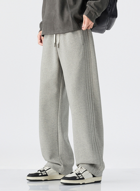 PKL 春秋320g休闲裤男宽松直筒运动裤三条杠设计卫裤简约潮弯刀裤