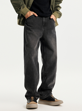 PKL美式黑色水洗复古牛仔裤男宽松直筒黑色阔腿潮牌百搭加绒长裤