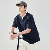 PKL 潮竹节棉肌理感打底衫 230g假两件短袖 T恤男纯棉撞色宽松大码