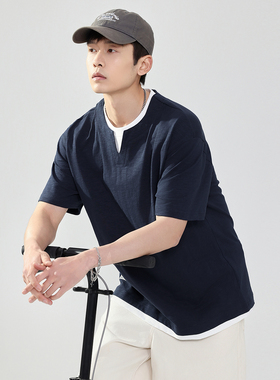 PKL 230g假两件短袖T恤男纯棉撞色宽松大码潮竹节棉肌理感打底衫