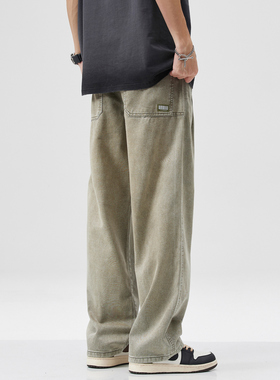 PKL纯棉复古浅蓝色美式直筒牛仔裤男宽松做旧酵素水洗百搭休闲裤