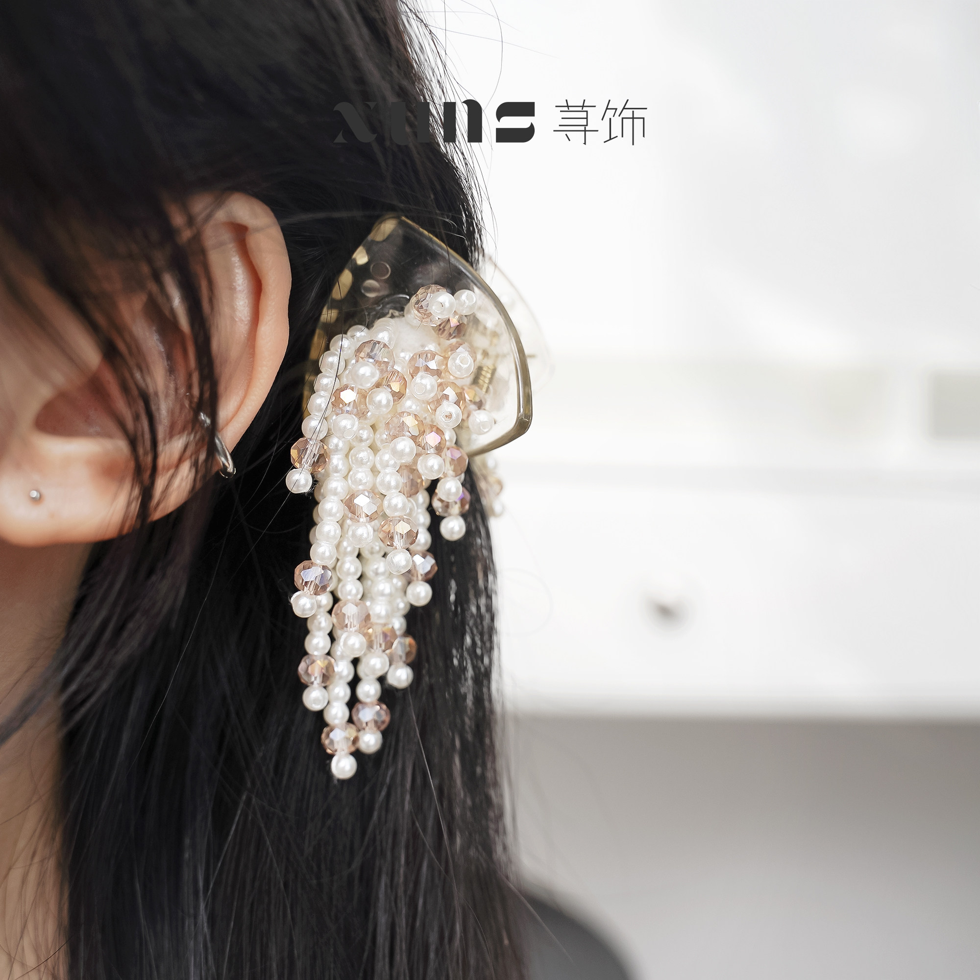 韩国串珠流苏小抓夹女2025新款精灵耳珍珠发夹半扎发鲨鱼夹子发卡