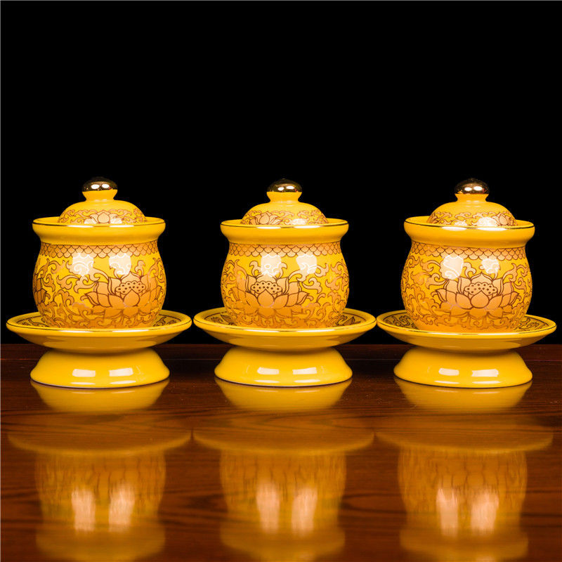 真金黄无字莲花圣水杯陶瓷莲花供水杯圣水杯大悲水小中大号包邮