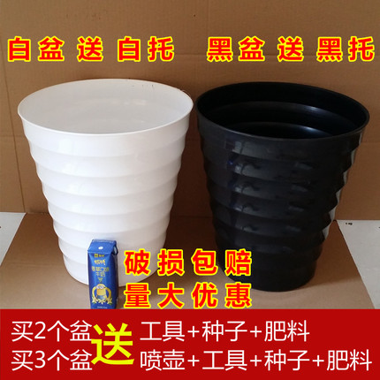 超特大号加厚黑白色塑料花盆仿陶瓷高筒圆形花盆螺纹特大花盆塑料