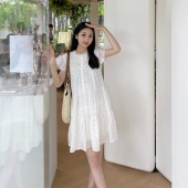 孕妇夏韩系娃娃短裙波点减龄连衣裙宽松遮肚花边领小飞袖 度假短裙