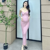 孕妇夏季 港味复古气质连衣裙纯欲抹胸显瘦开叉背心裙冰丝吊带长裙