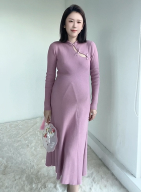 孕妇装秋冬连衣裙复古禅意风旗袍长裙优雅遮肉显瘦针织a字大摆裙