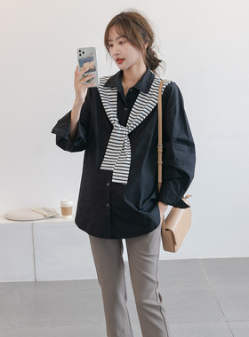 孕妇装秋季条纹披肩可哺乳衬衫韩版时尚宽松遮肚中长款职业衬衣