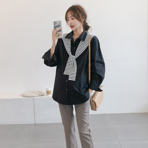 孕妇装秋季条纹披肩可哺乳衬衫韩版时尚宽松遮肚中长款职业衬衣