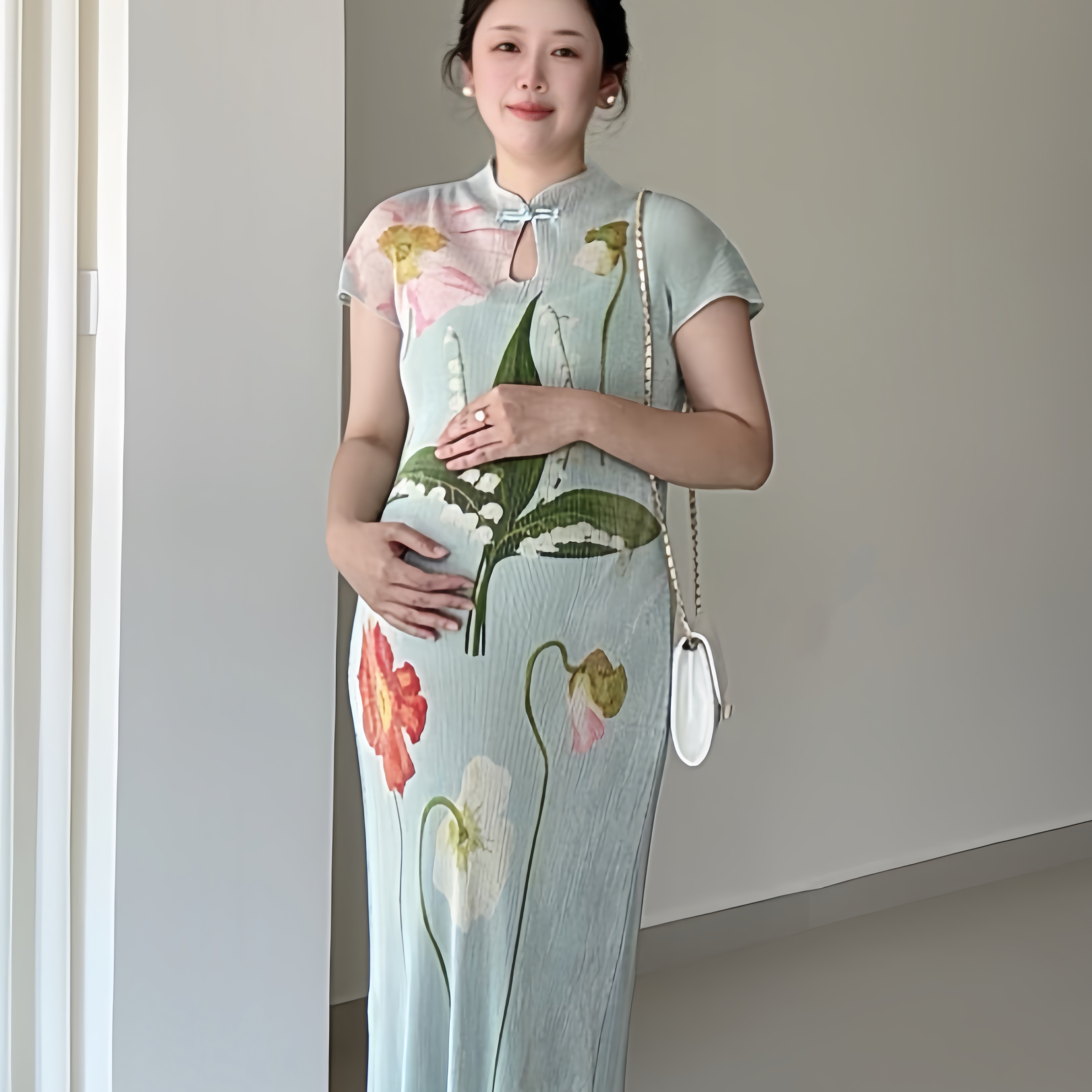 孕妇新中式褶皱印花连衣裙