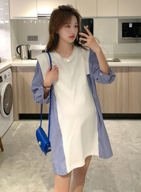 孕妇裙夏季新款个性拼接条纹衬衫圆领连衣裙洋气减龄高级感短裙