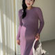 孕妇秋冬纯色针织长裙圆领半开胸排扣收腰显瘦连衣裙可哺乳A字裙