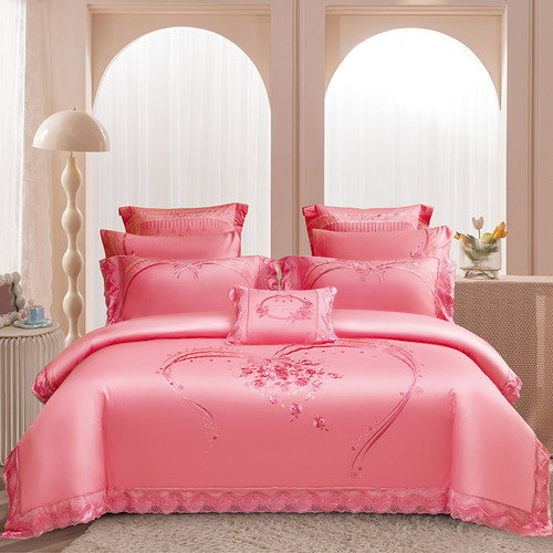 140s支全棉婚庆四六十件套粉红色喜被子结婚刺绣蕾丝婚房床上用品