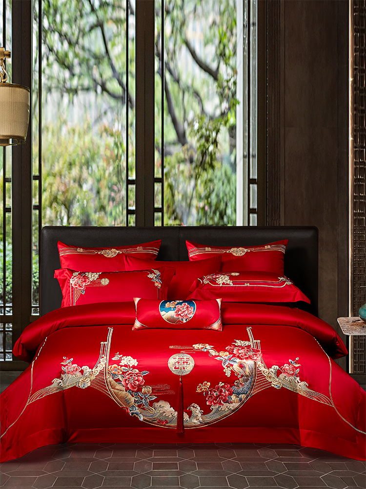 140s支全棉婚庆四件套婚房床上用品大红色刺绣喜被子结婚六十件套