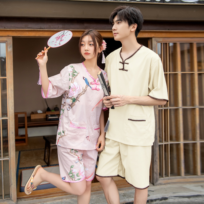 中国风印花纯棉面料男款洗浴汗蒸服女款桑拿服家居服睡衣情侣大码