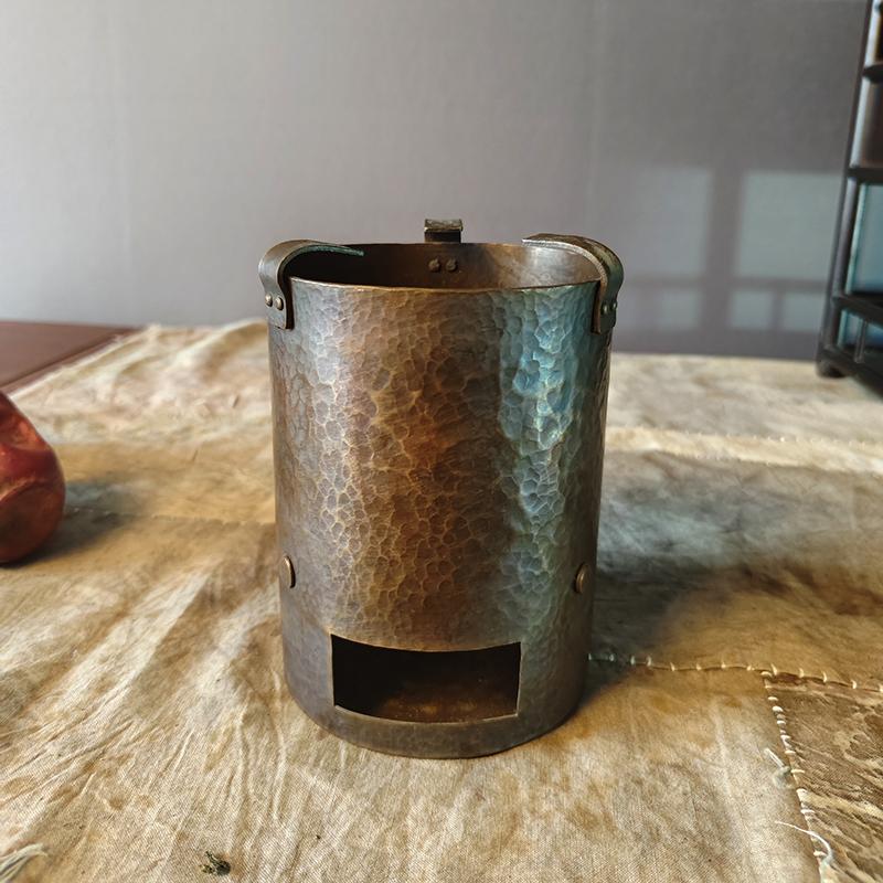 手工紫铜炭炉复古锤纹煮茶炉大号圆柱酒精炉烧水炉老式木炭煮茶器
