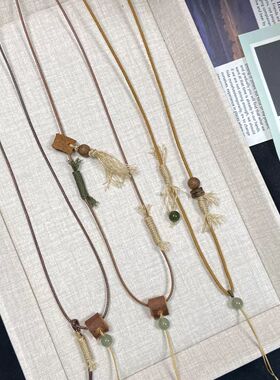 天然和田玉藏式纯手工蜡皮牛皮编绳吊坠平安扣无事牌项链挂绳抽拉