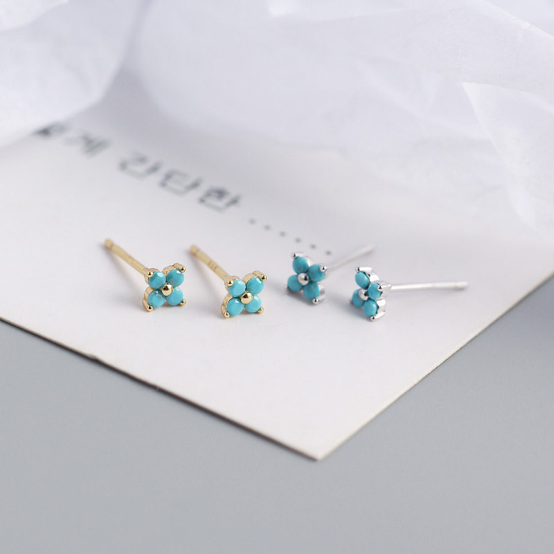 蓝色绿松石四叶花草S925纯银耳钉