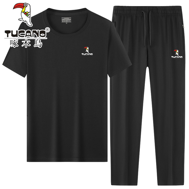 啄木鸟夏季男士纯棉运动休闲套装短袖长裤两件套中老年跑步健身服