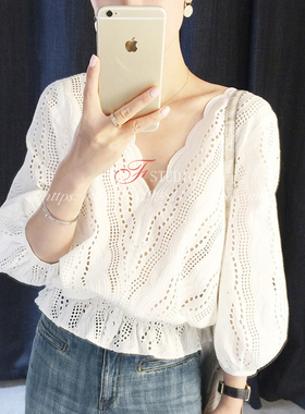 女装2019夏季新款很仙的白色蕾丝上衣灯笼袖打底衫气质v领上衣潮