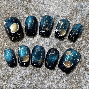 【星河漫游】纯手工穿戴甲猫眼美甲片显白短款幽蓝猫眼穿戴甲成品