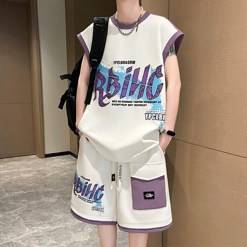男童运动套装夏季2026新款中大童男孩帅气休闲印花短袖短裤两件套