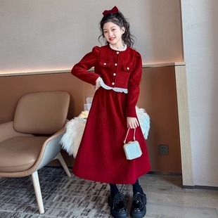 女童加绒连衣裙秋冬2026新款儿童洋气女孩冬季加厚红色喜庆套装潮