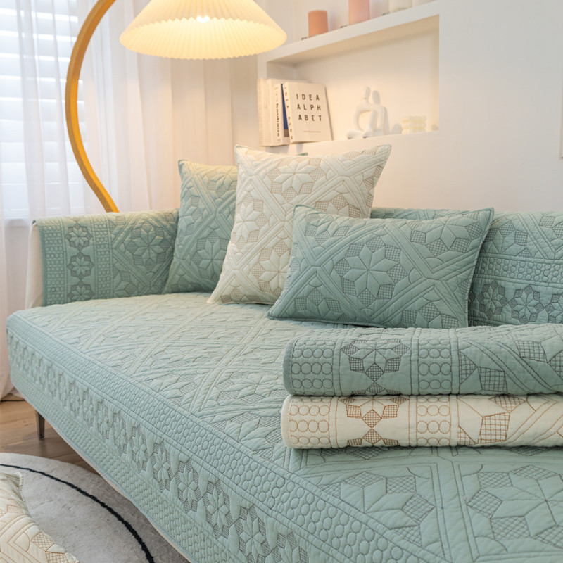 四季通用双面水洗棉布刺绣花沙发垫 现代简约真皮沙发坐垫巾套罩