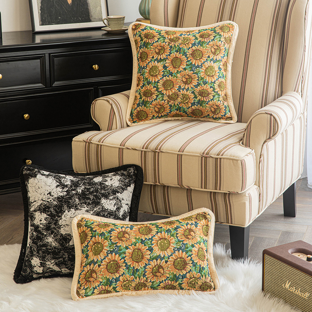 欧式古典提花抱枕套油画风向日葵