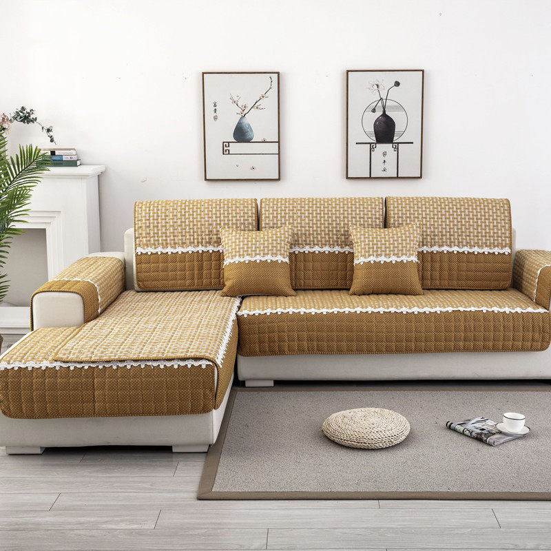 四季通用格子粗麻拼接蕾丝沙发垫 现代简约防滑沙发坐垫罩靠背巾