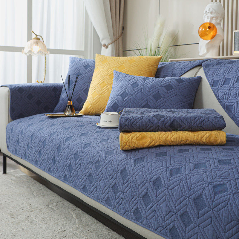 四季通用水洗棉布格子绣花沙发垫 现代简约双人防滑沙发坐垫巾罩